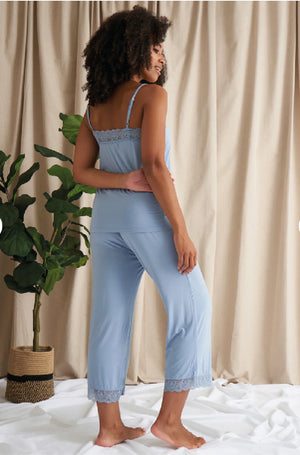 Bamboo Lace Cami Cropped Trouser Pyjama Set in Mist Blue