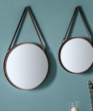 Set Of Two Round Mirrors With Faux Leather Straps