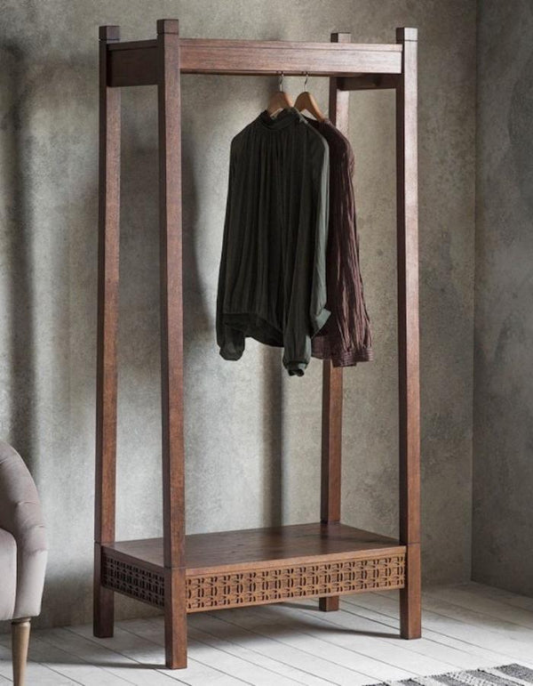 Raw Steel And Brass Clothes Rail with Long Reclaimed Timber Shelving - Pipe  Dream Furniture