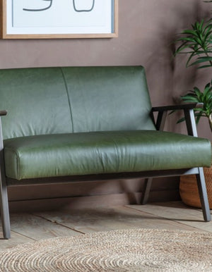 Retro Green Leather Two Seater Sofa