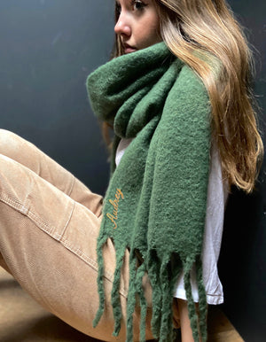 Personalised Fringed Blanket Scarf In Emerald Green