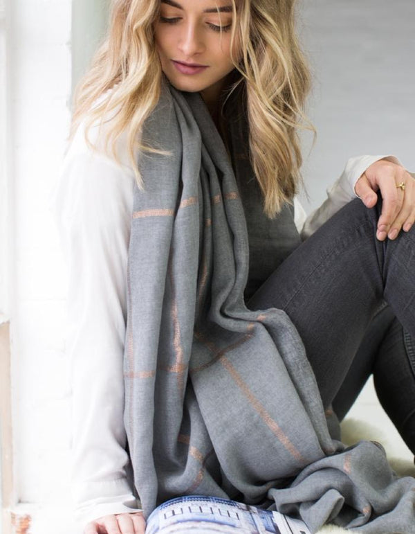 Soft grey and gold checked scarf