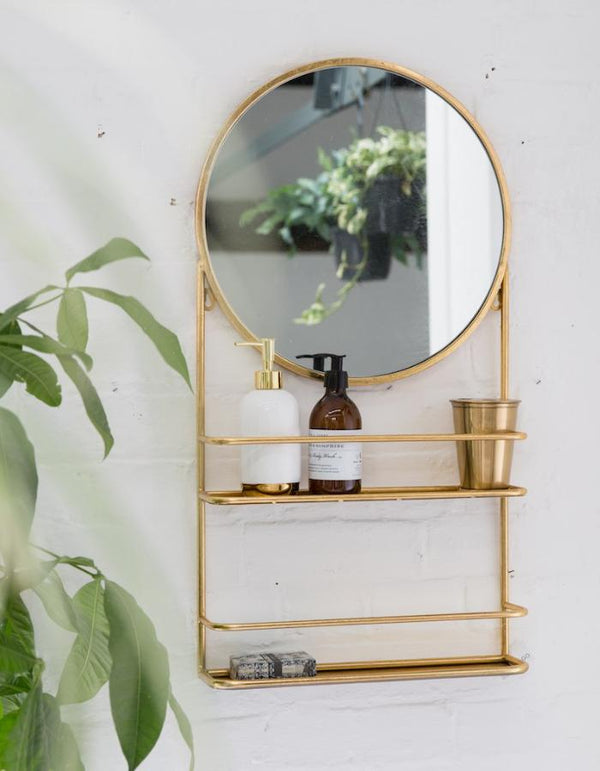 Gold or Silver Circular Wall Mirror with Shelves