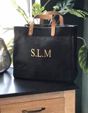 Personalised Black And Leather Jute Shopper