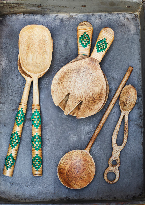 Wood, Bamboo and Green Twist Serving Spoons
