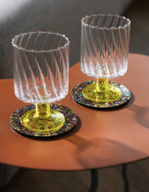 Set Of Two Yellow Stemmed Swirl Glasses