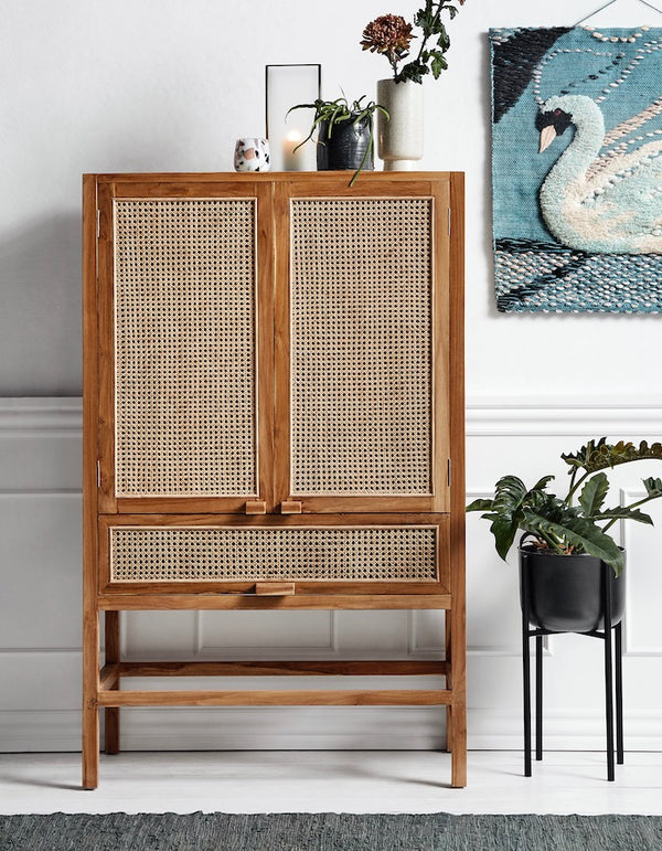 Teak Cabinet with Open Weave webbed front Doors and drawer