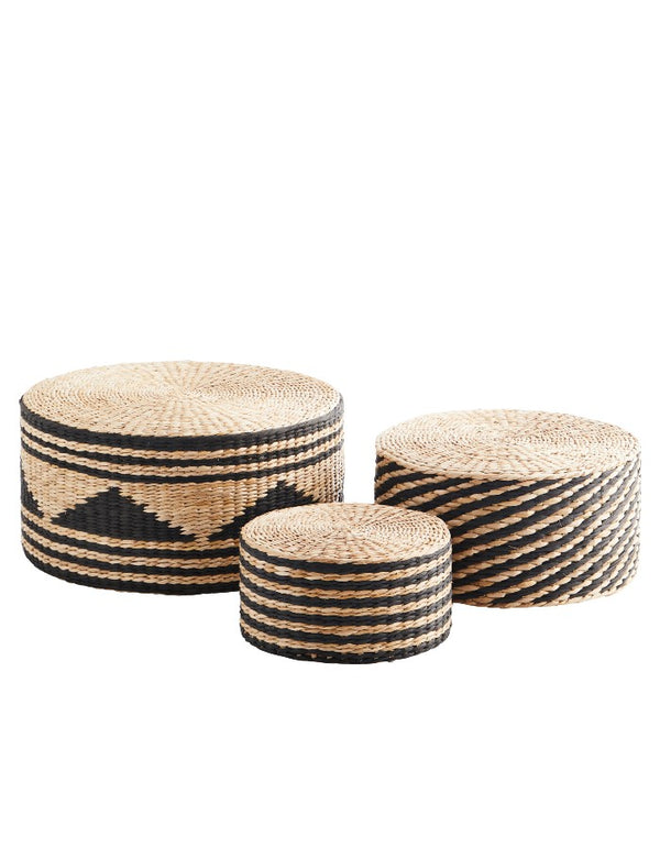 Set Of Three Seagrass Striped Pouffes