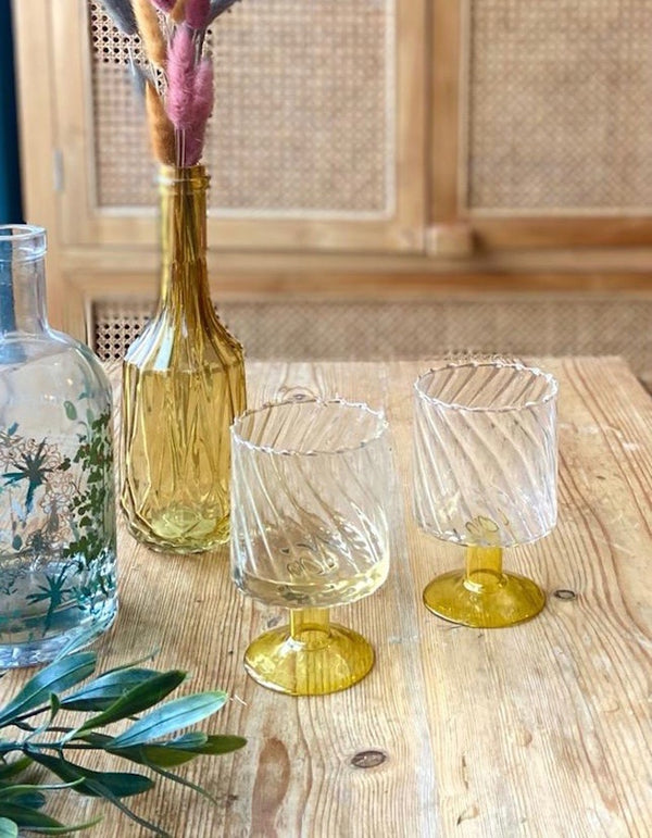Set Of Two Yellow Stemmed Swirl Glasses