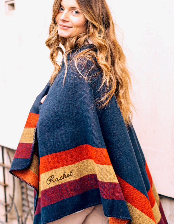Personalised Navy and Sunset Striped Border Poncho - 2 Week delivery