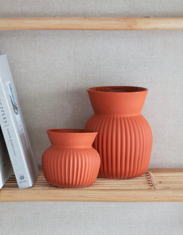 Ribbed Terracotta Ceramic Vase