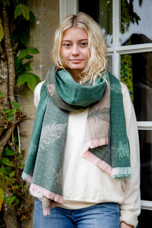 Forest Green To Dusky Pink Leaf Embossed Scarf
