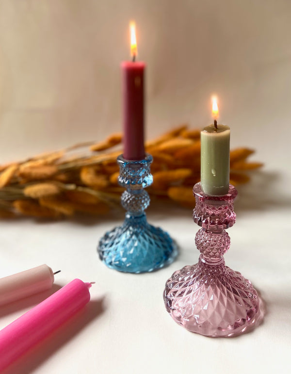 Coloured Cut Glass Candlesticks