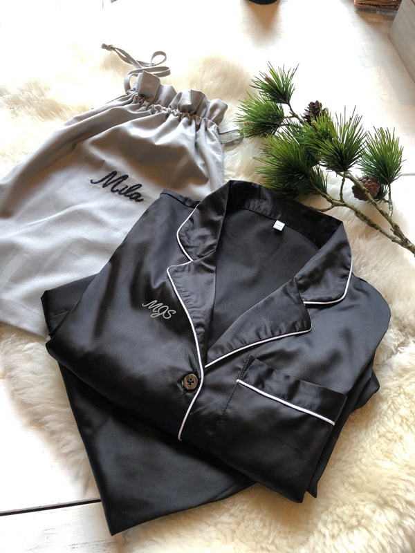 Monogrammed Black Sateen Pyjamas