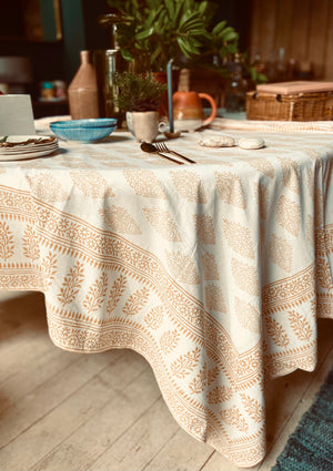 Block Print Mustard and White Tablecloth