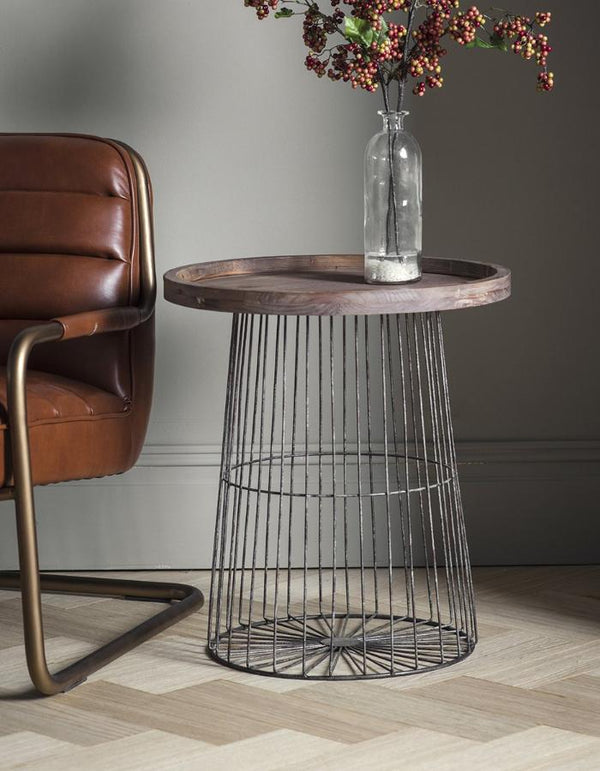 Wood And Metal Wire Circular Side Table