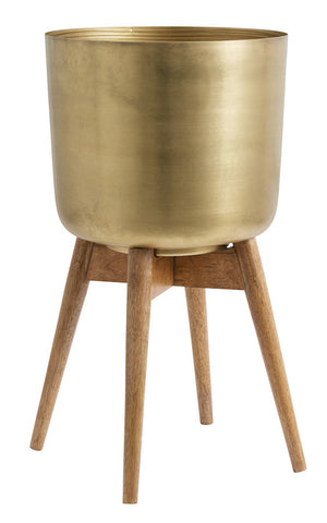 Brass Plant Pot On A Wooden Stand