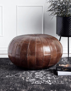 Round Antique Brown Leather Pouf